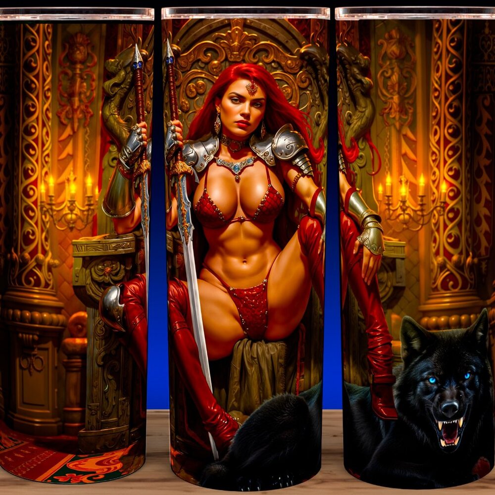 Red Sonja on Throne with Black Wolf Fantasy Cup Mug Tumbler 20oz